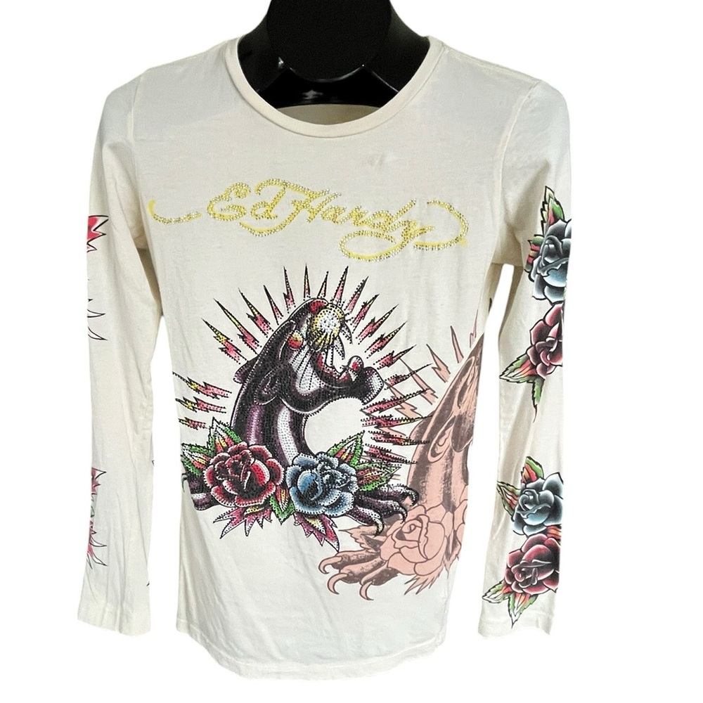 Ed Hardy long-sleeve features a panther and rose graphic with rhinestone accents